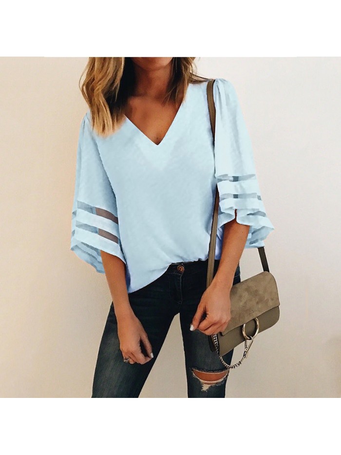 2018 Female Sexy V Neck Loose Chiffon Blouse Skirt Women Summer Long Sleeve Office Tulle Tops Polo Shirts Womens