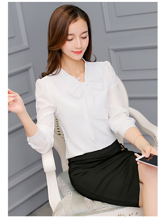 New Spring Summer Blouse Women Long Sleeve Shirts Fashion Leisure Chiffon Shirt Bow Office Ladies Pink White Tops