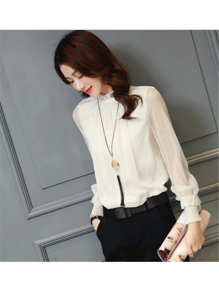 Chiffon Blouse 2018 New Women Tops Long Sleeve Stand Neck Work Wear Shirts Elegant Lady Blouses Casual Solid Color
