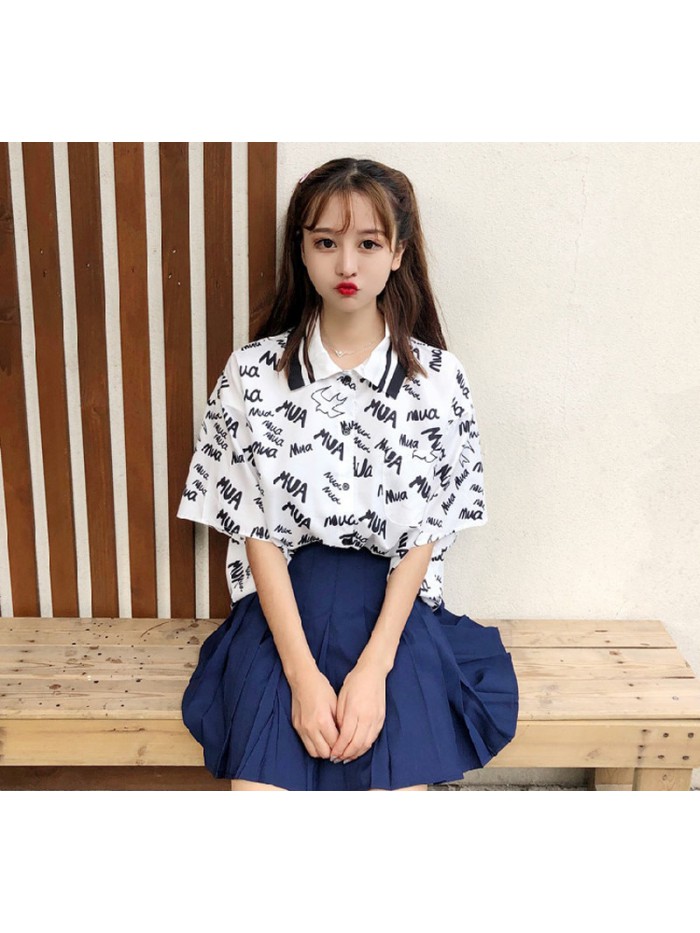 Letter Print Women Blouse Short Sleeve Women Shirts Casual Turn Down Collar Blouse Female