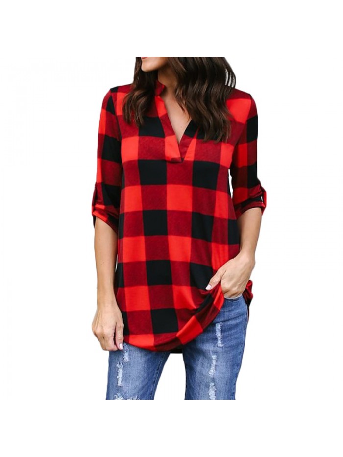 Plaid Loose Shirt V Neck Long Sleeve Roll-up Oversize Long Blouse Casual Top