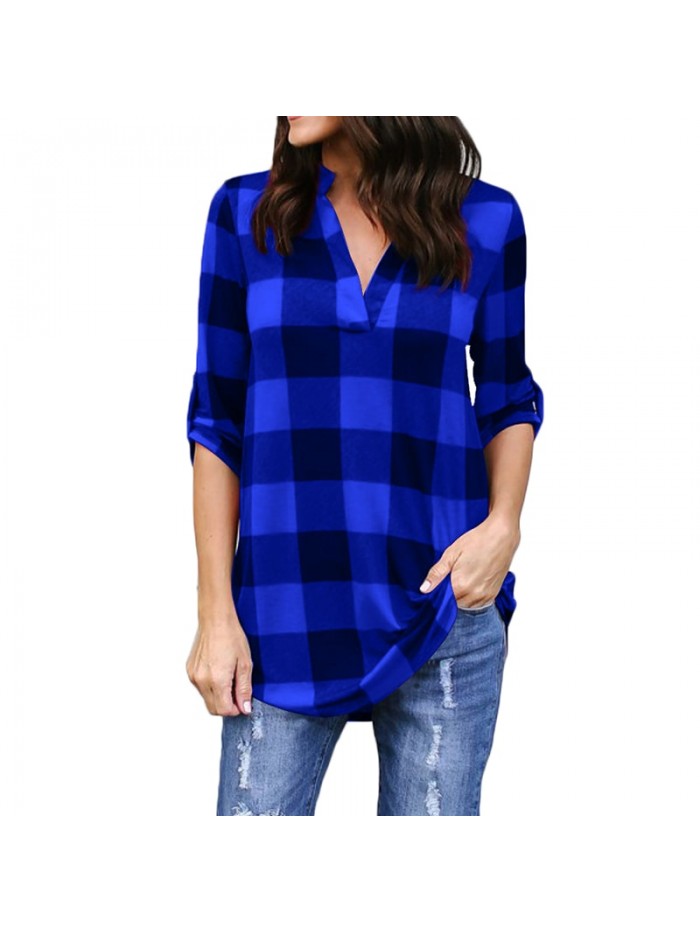 Plaid Loose Shirt V Neck Long Sleeve Roll-up Oversize Long Blouse Casual Top