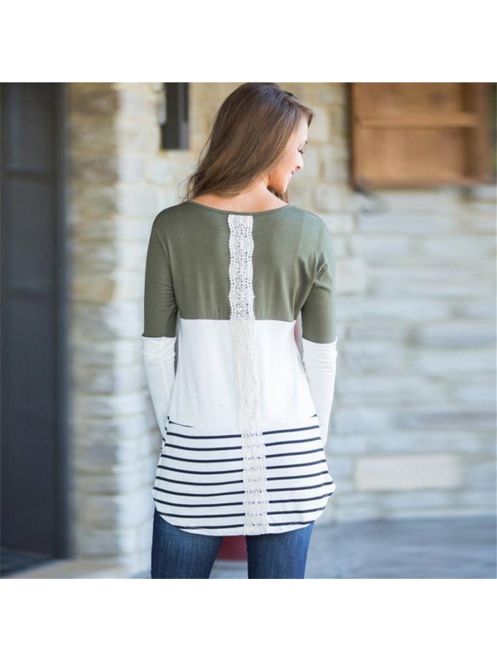 Womens Tops and Blouses 2018 Fashion Back Lace Blouse Striped Long Sleeve Blouse Tunic Shirt Jumper