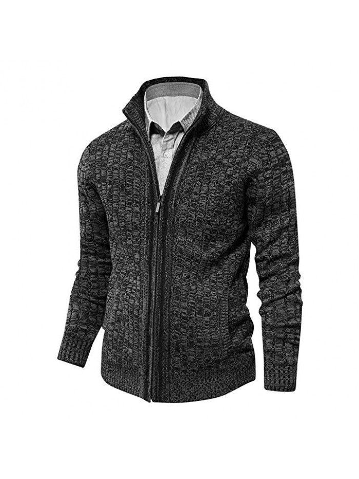 Men's Knit Cardigan Sweaters Slim Fit Stand Collar Zipper with 2 Side Pockets