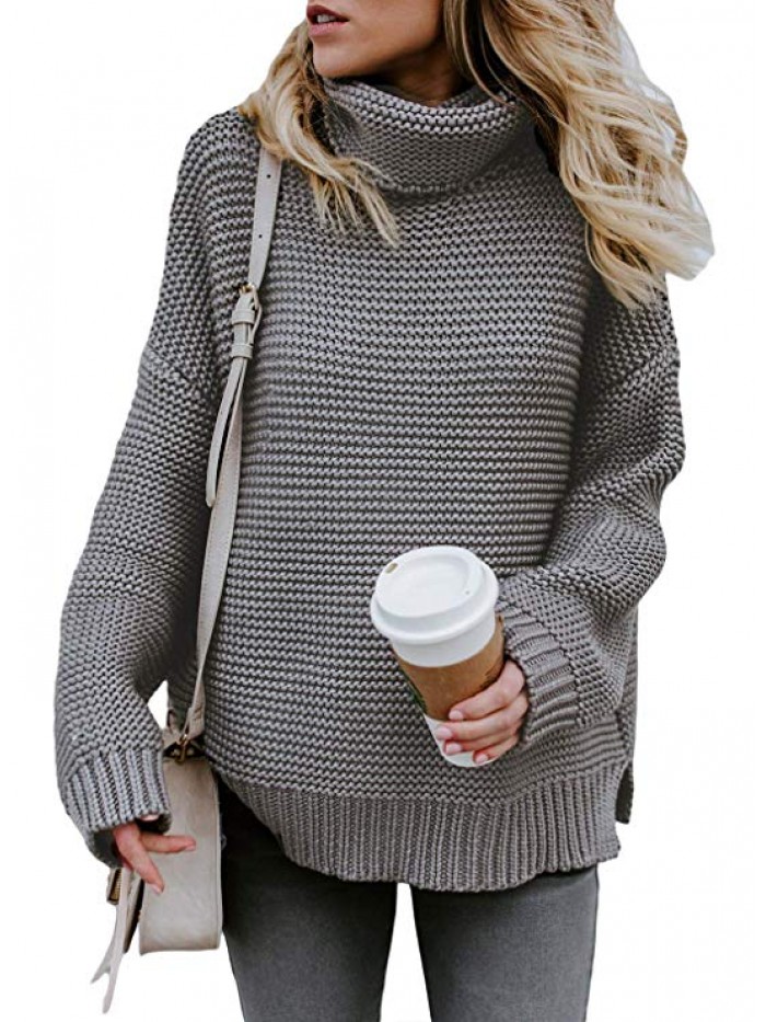 Womens Turtleneck Long Sleeve Chunky Knit Pullover Sweater