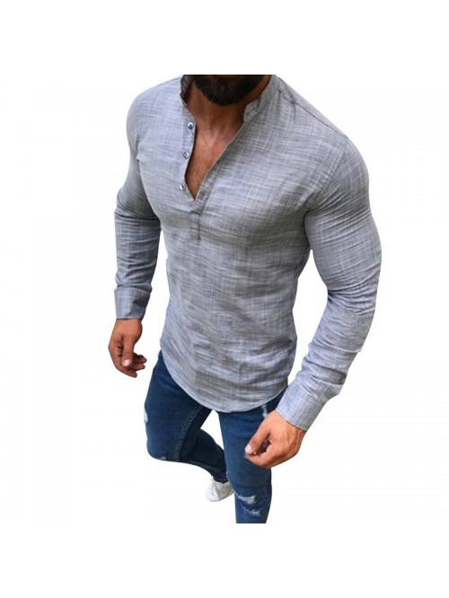 Linen T-Shirts Men Fashion Long Sleeve Stand Colla...