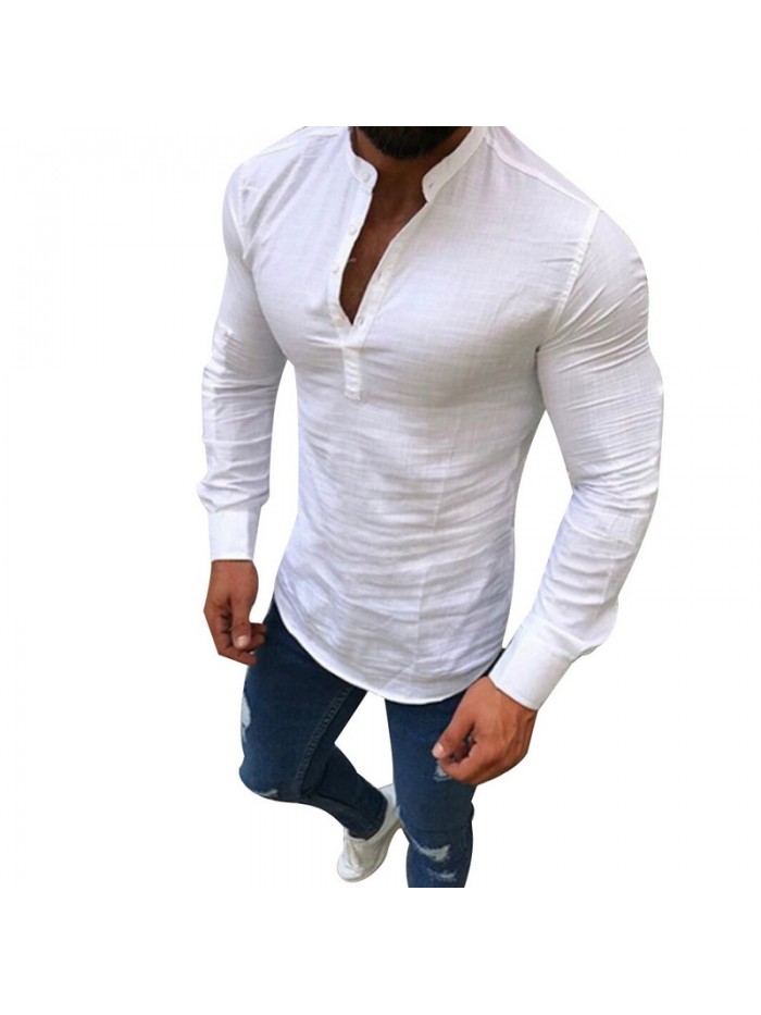 Linen T-Shirts Men Fashion Long Sleeve Stand Collar Button Tee Shirts Men Slim Tee Top Male Streetwear