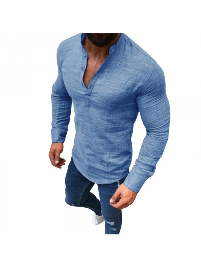Linen T-Shirts Men Fashion Long Sleeve Stand Collar Button Tee Shirts Men Slim Tee Top Male Streetwear