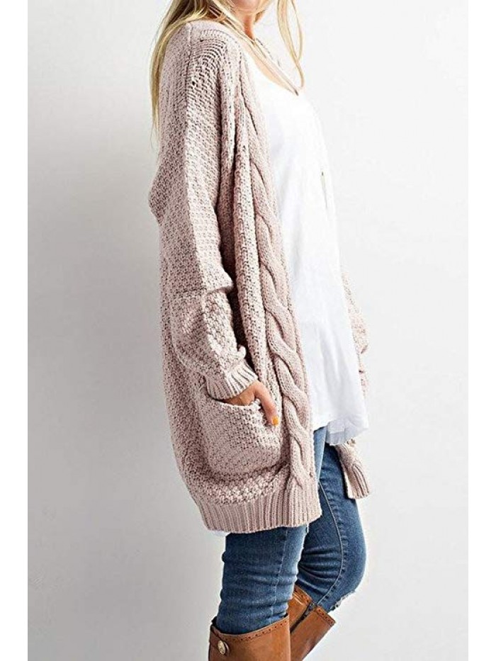 Womens Loose Open Front Long Sleeve Solid Color Knit Cardigans with Two Packets