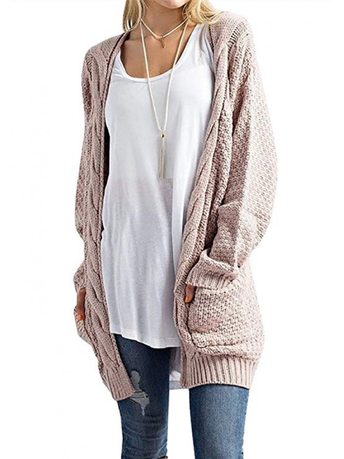 Womens Loose Open Front Long Sleeve Solid Color Knit Cardigans with Two Packets