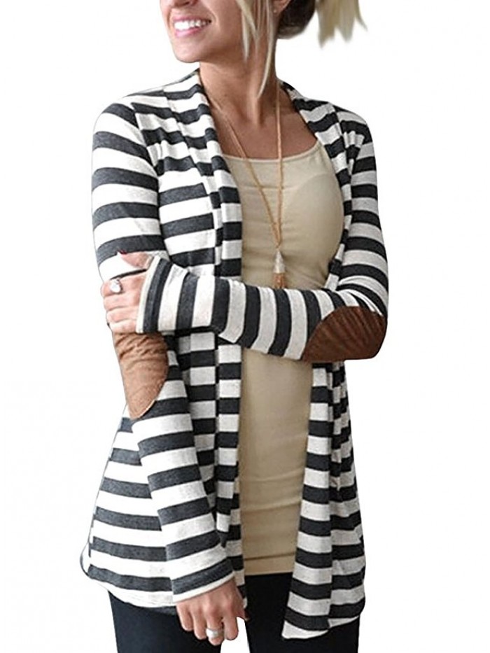 Women's Black White Elbow Patch Shawl Collar Summer Striped Open Front Cardigan Sweaters Coat Outwear