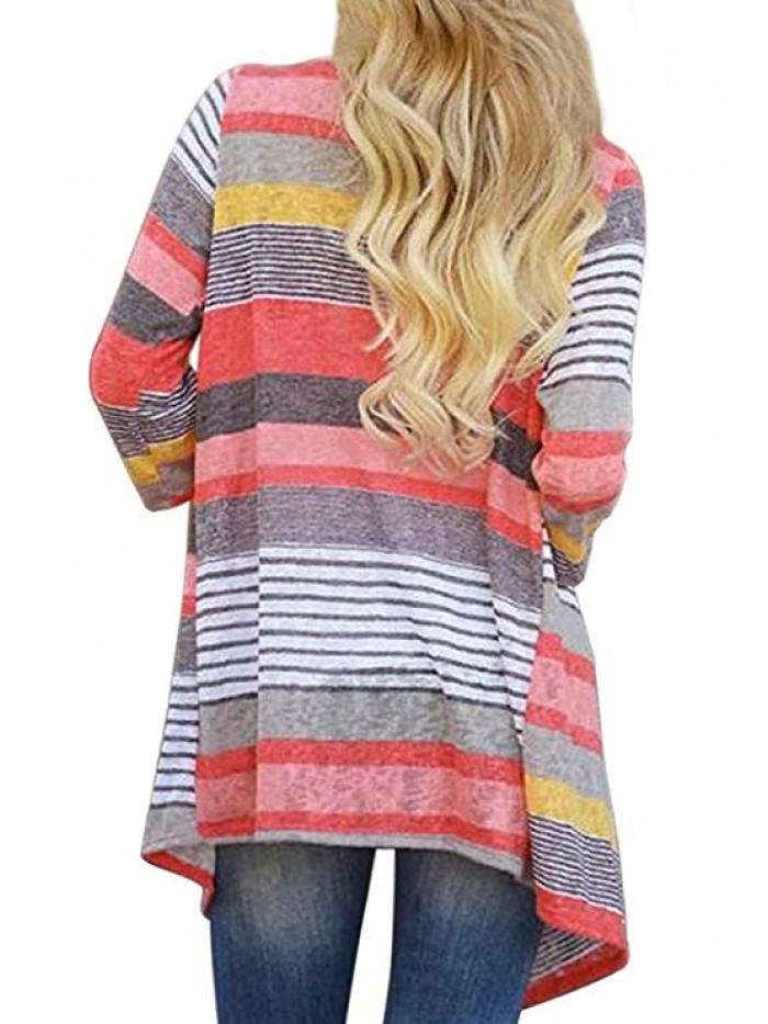 Women's 3/4 Sleeve Cardigans Striped Printed Open Front Draped Kimono Loose Cardigan