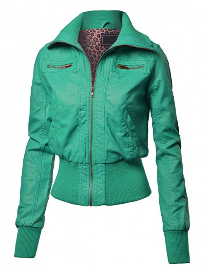 Womens Edgy Faux Leather Zip Up Bomber Jacket with Front Pockets