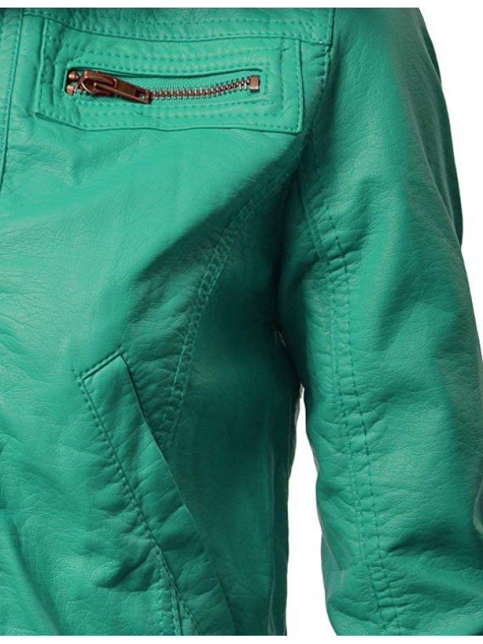 Womens Edgy Faux Leather Zip Up Bomber Jacket with Front Pockets