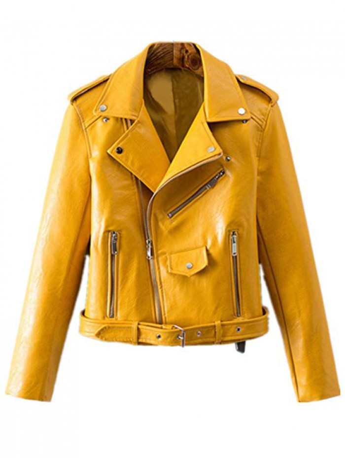 Women's Trendy Stand Collar PU Leather Moto Jacket Leather Coat
