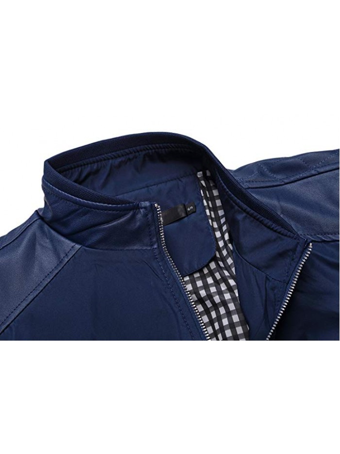 Men's Casual Stand Collar Slim Leather Sleeve Bomber Jacket