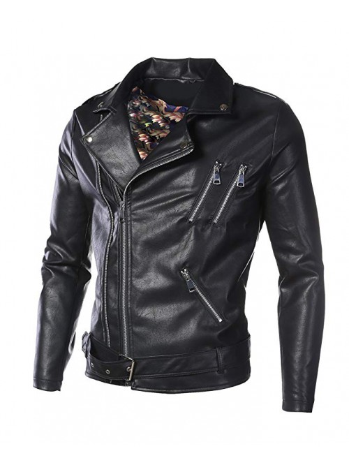 Men's Classic Faux-Leather Biker Zipper Jacket Coa...