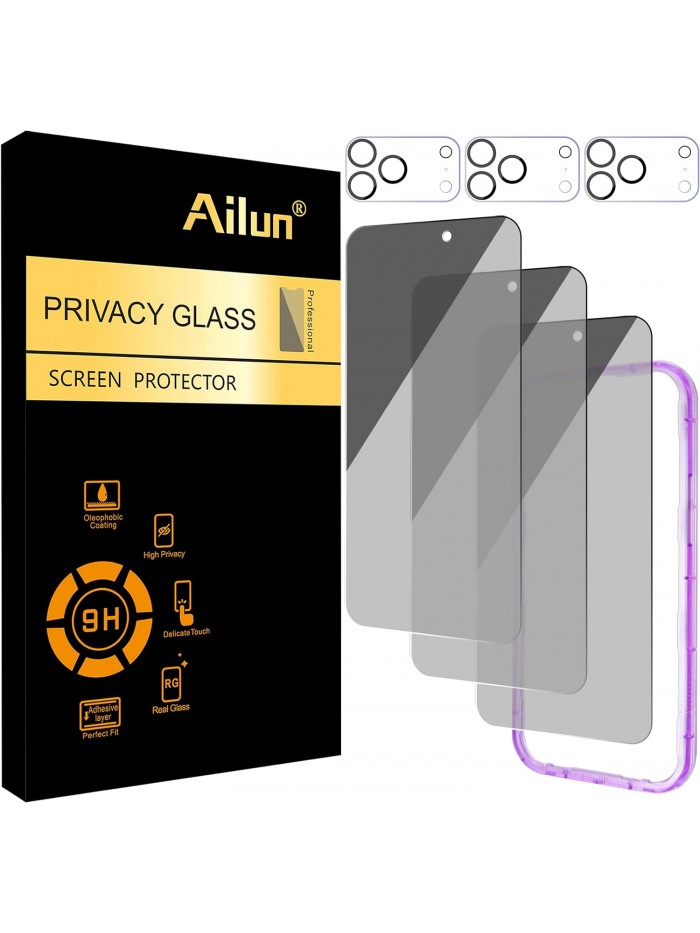 Ailun 3 Pack for iPhone 17 Pro Max Privacy Screen Protector [6.9 inch]+ 3 Pack Camera Lens Protector with Installation Frame,Dynamic Island Compatible,Anti Spy Tempered Glass[9H Hardness]-HD