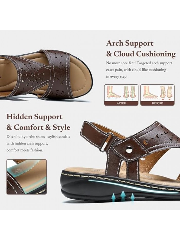 Womens Flat Sandals Orthopedic Dressy Leather Sandals Comfort Walking Open Toe Slip on Shoes with Arch Support for Summer Beach Pool Hiking Vacation Camping Travel Office Shopping Dating Sport