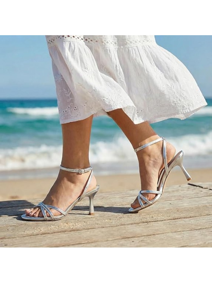 Women's Strappy Heeled Sandals 3 Inch High Heels Round Toe Ankle Strap Dress Shoes for Wedding Party or Holiday