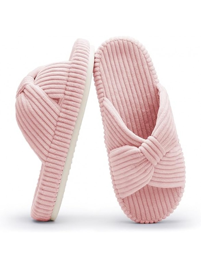 Chantomoo Slippers for Women Memory Foam House Bedroom Corduroy Bow Crossbands Slipper Shoes Comfy Trendy Gift Slippers