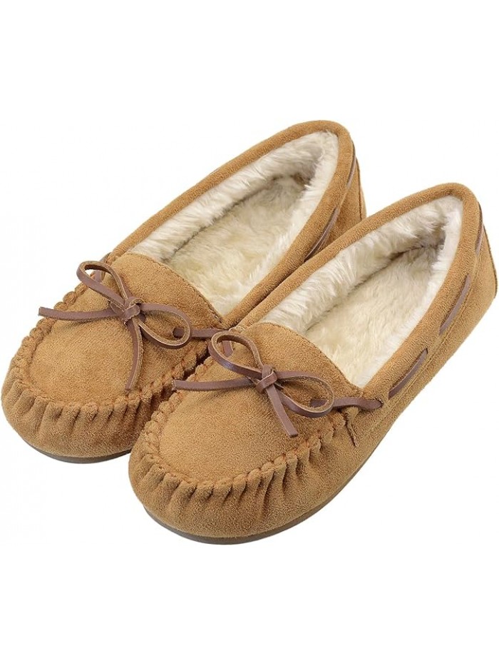 Vonair Women's Moccasin Slippers Micro Suede Warm Faux Fur Pile Lined Lace-Up Cozy Bow Indoor & Outdoor Moccasins Slip On Loafers Shoes for Women